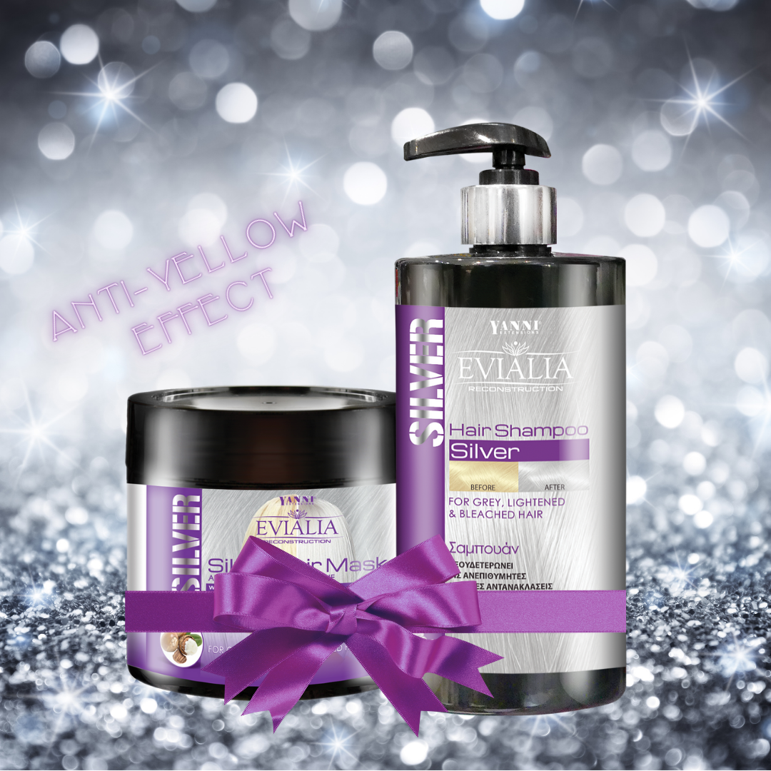 Hair Products: Silver Hair Treatment Set against yellow shades Shampoo  500ml + Mask 500ml